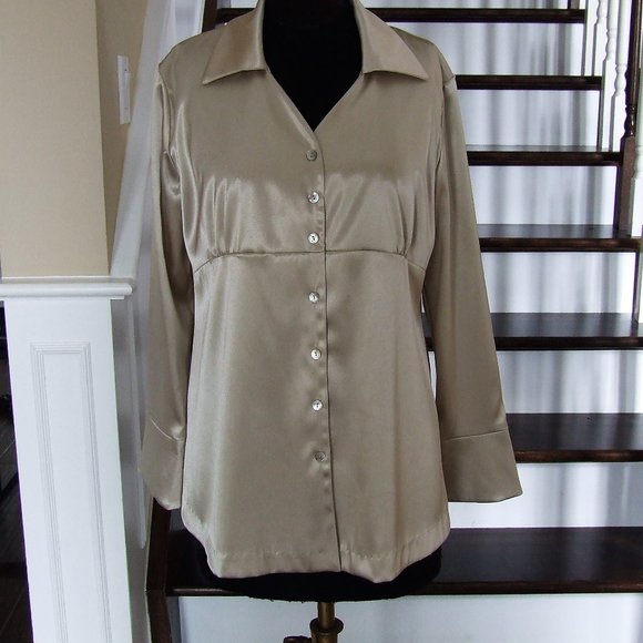Beige Gold Satin Stretching Blouse Tunic Formal Maternity Top L - Picture 1 of 7
